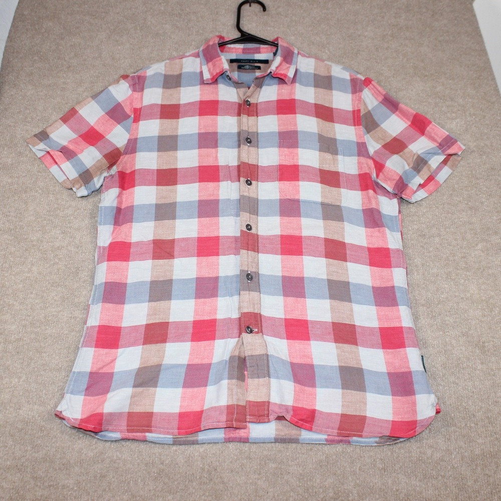 Perry Ellis Mens Small Red Blue Plaid Linen Blend Short Sleeve Button Down Shirt